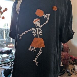 Black Graphic Skeleton Volleyball T‑Shirt with Orange Accents